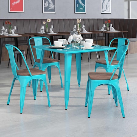 Flash Furniture Crystal Teal-Blue Metal Stackable Chair with Wood Seat, PK4 4-ET-3534-CB-WD-GG